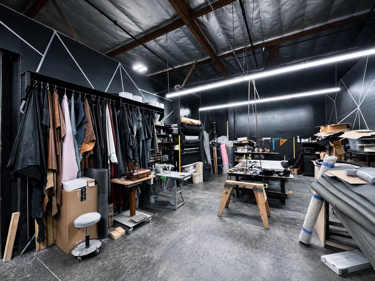 Leather and upholstery studio inside the Elevate Customs manufacturing factory